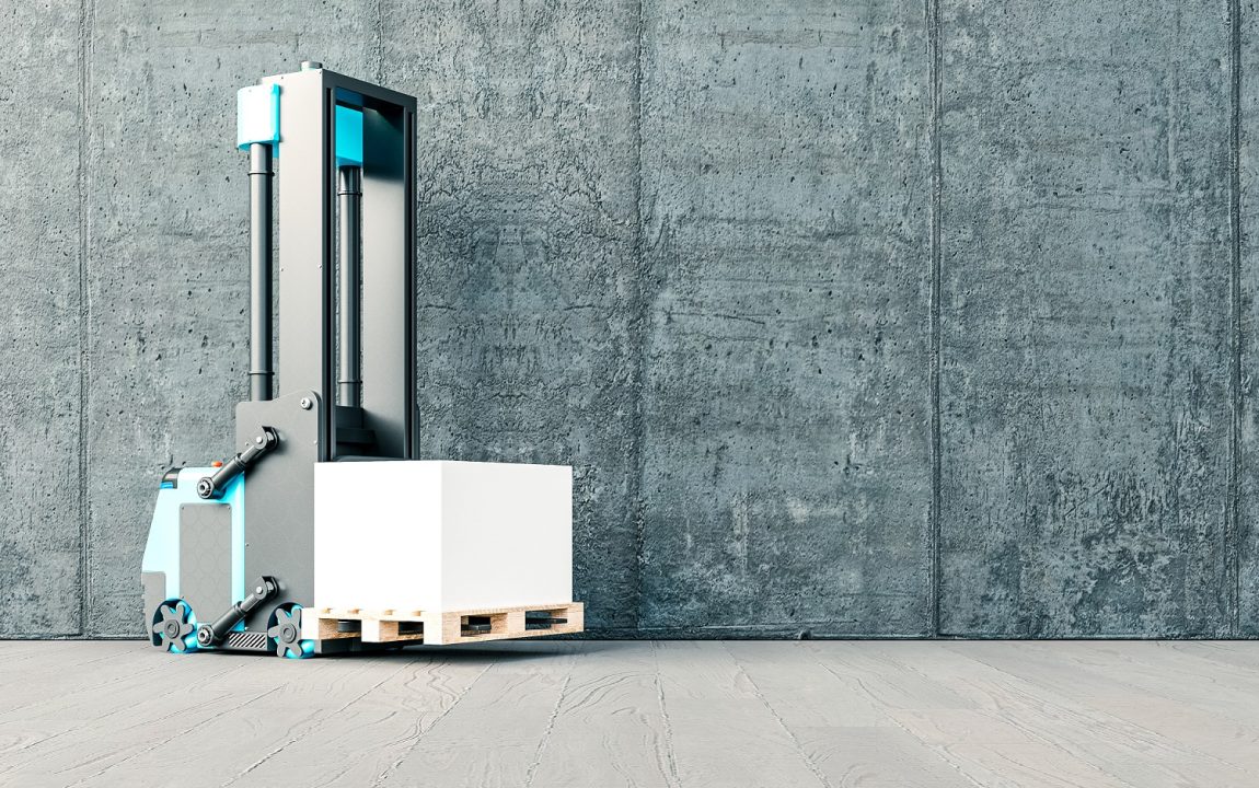 AGV forklift transporting on a concrete wall and flooring,3d Rendering