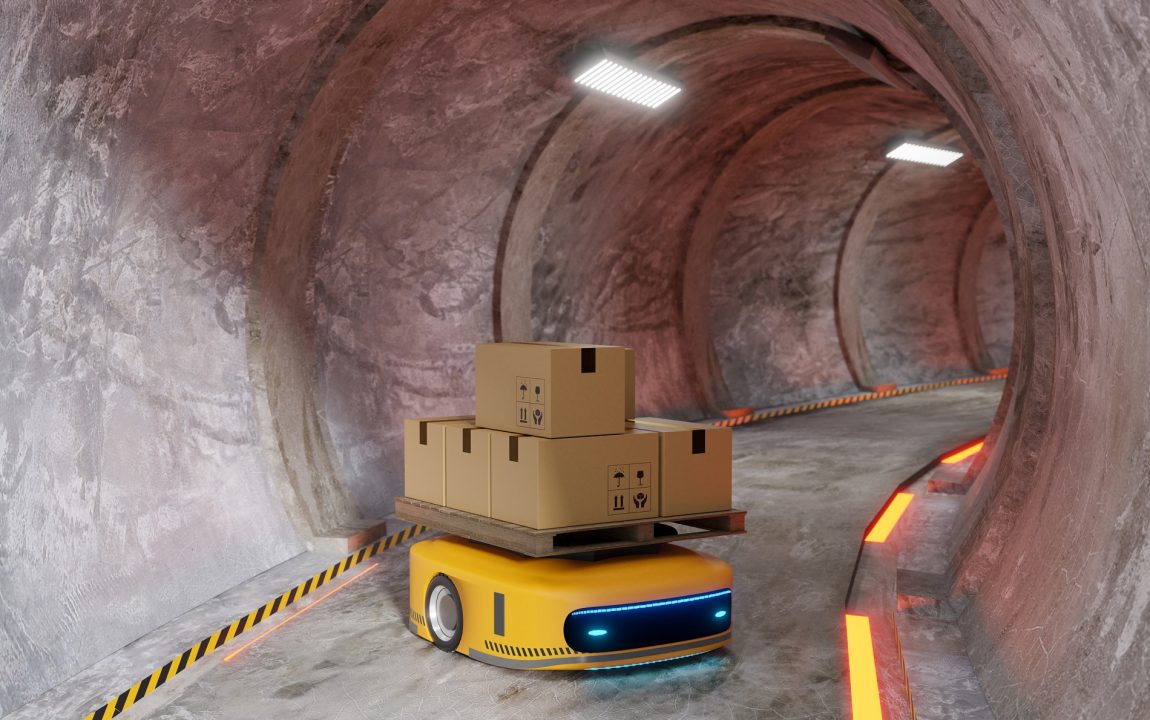 circular subway tunnel with automatic machine working to transferring product, 3d illustration rendering