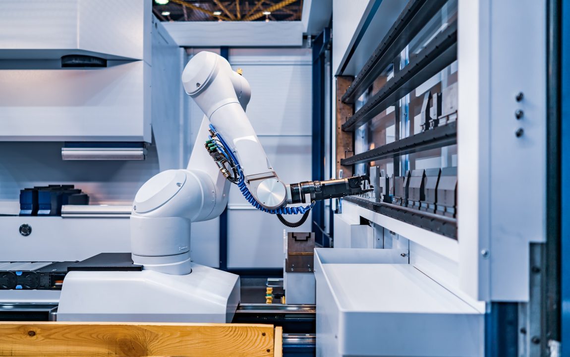 Robotic Arm production lines modern industrial technology. Automated production cell.